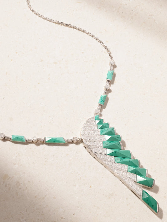 Wings Rising 18-karat White Gold, Malachite And Diamond Necklace