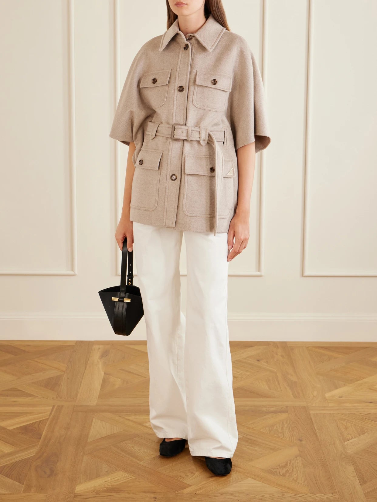 Image of Coats & Jackets. Product name - Belted Cashmere Cape in Stone colour by brand - Max Mara