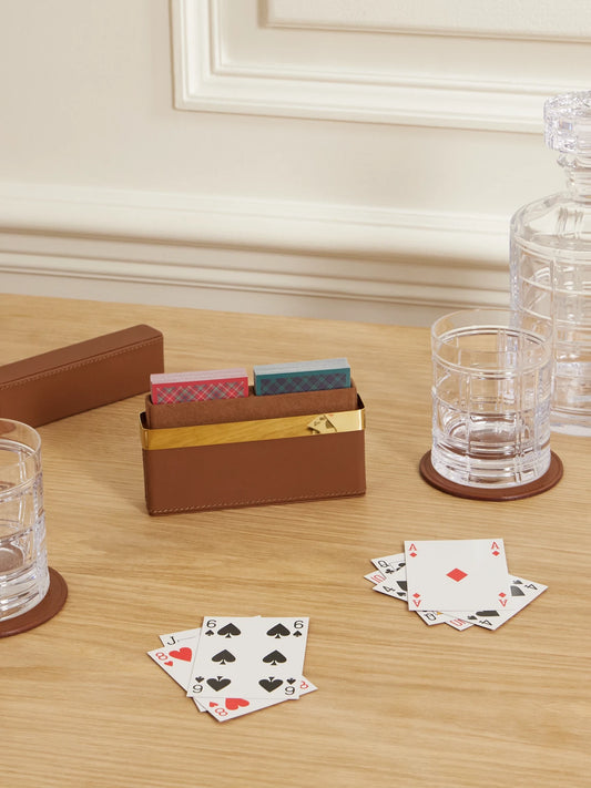 Image of Decor. Product name - Westover Leather And Gold-tone Playing Cards Set in Brown colour by brand - Ralph Lauren Home