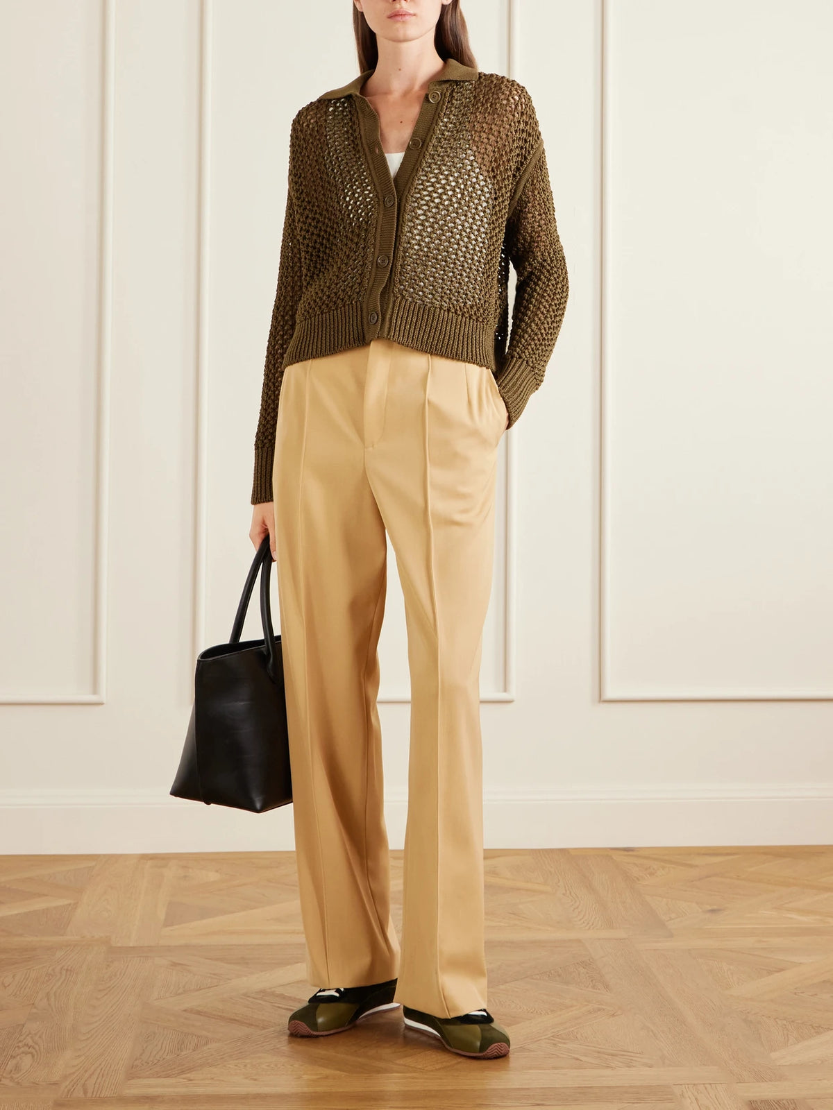 Image of a model wearing Outerwear. Product name - Crocheted Cotton Cardigan in Army green colour by brand - Max Mara