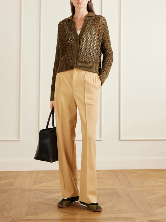 Image of a model wearing Outerwear. Product name - Crocheted Cotton Cardigan in Army green colour by brand - Max Mara