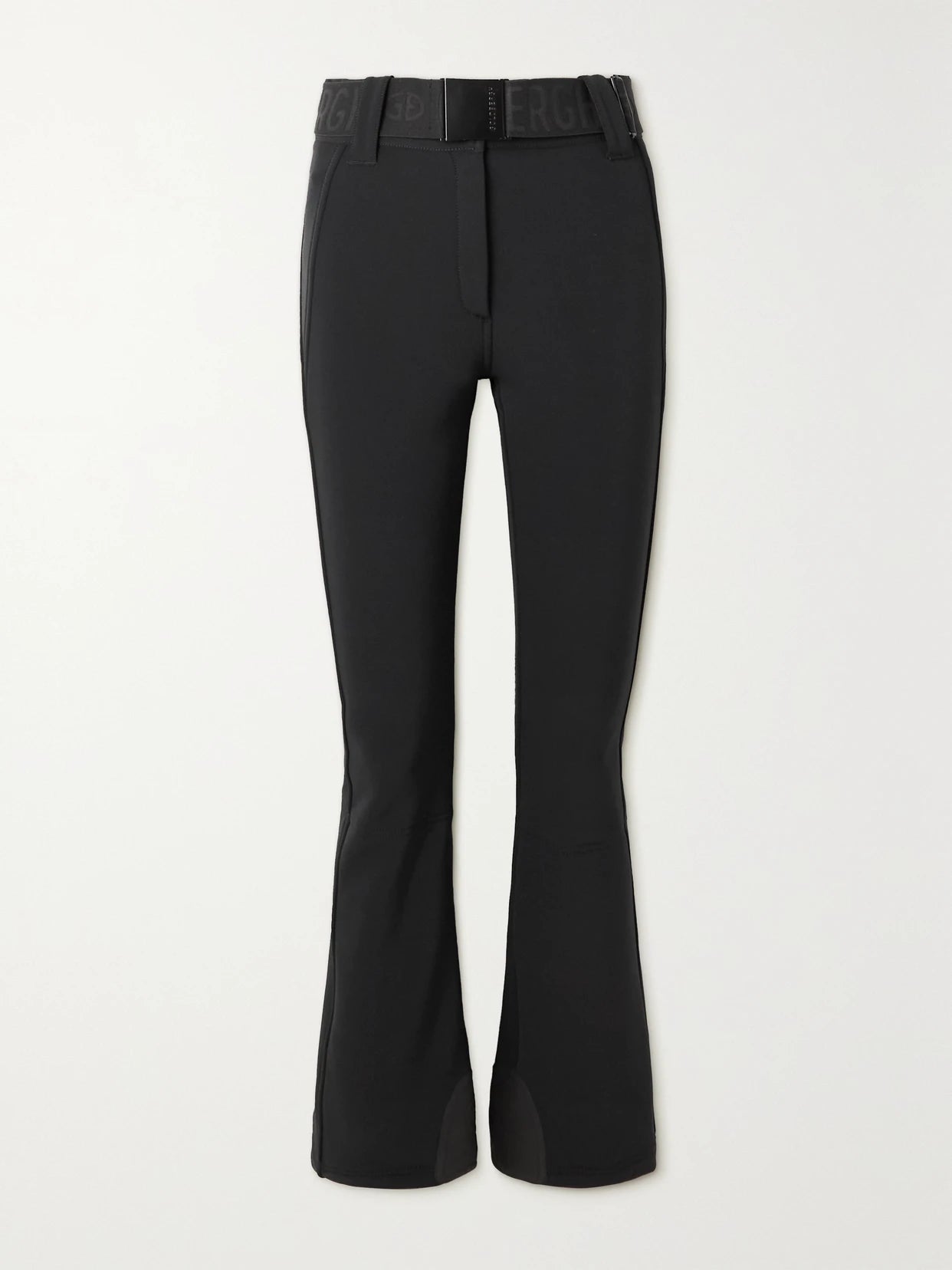 Image of a model wearing Pants. Product name - Pippa Belted Flared Ski Pants in Black colour by brand - Goldbergh