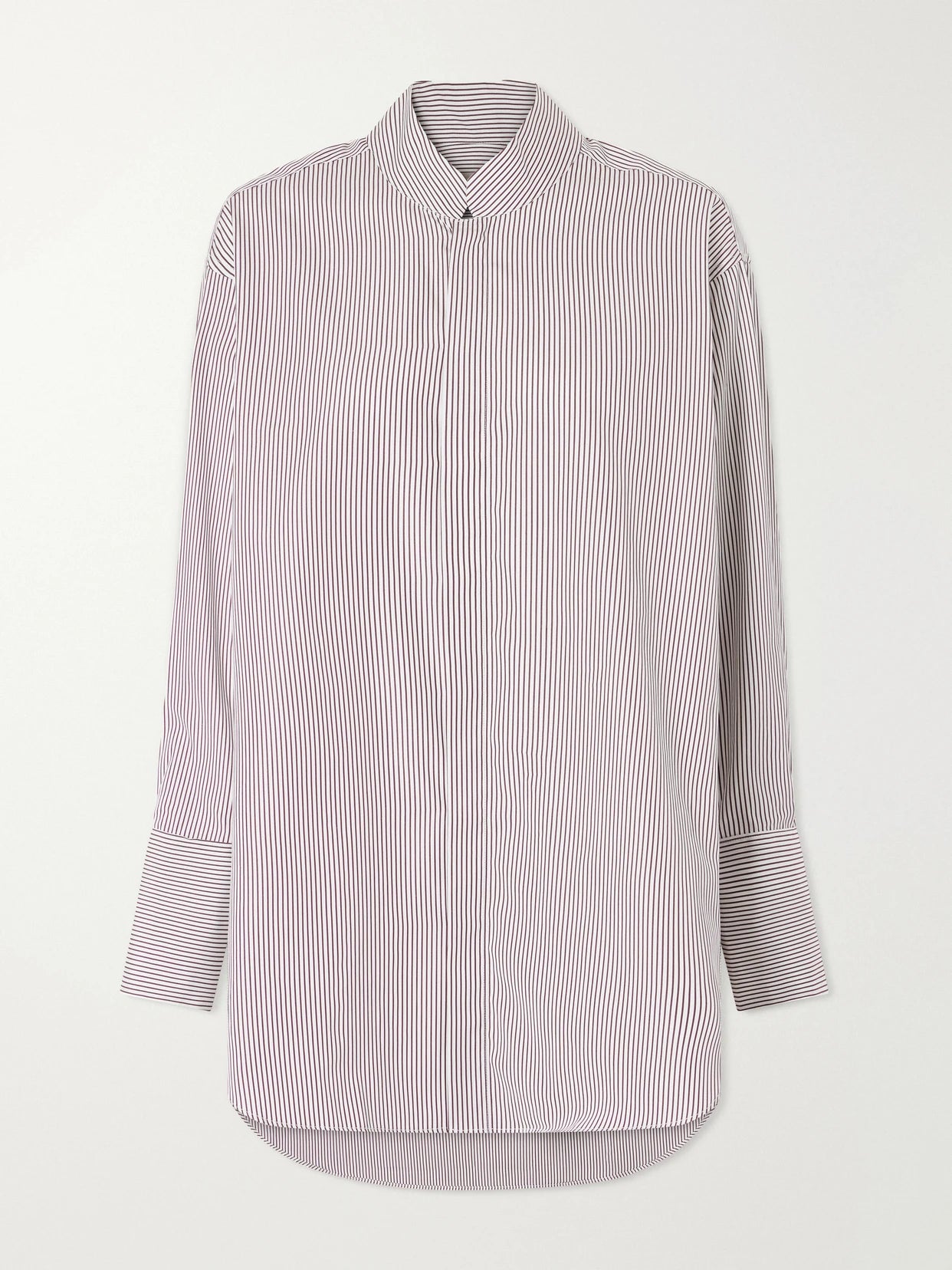 Image of a model wearing Tops. Product name - Mandarin-collar Striped Cotton-poplin Tunic in Pink colour by brand - Comme Si