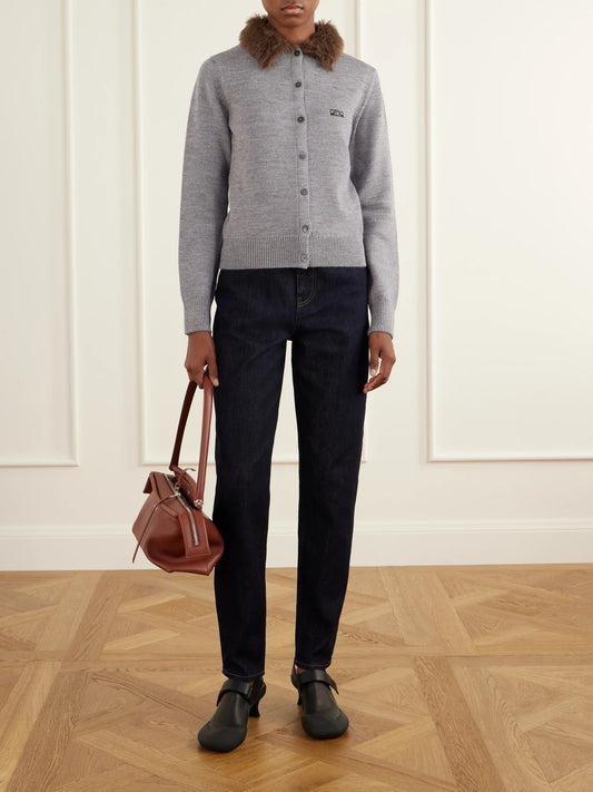 Image of a model wearing Outerwear. Product name - Plush-trimmed Logo-embroidered Wool Cardigan in Gray colour by brand - LOEWE