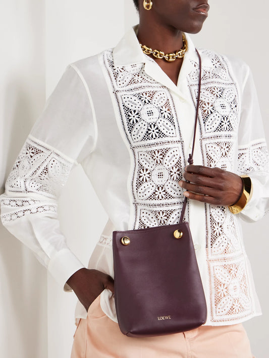 Image of Bags. Product name - Pebble Embellished Leather Shoulder Bag in Burgundy colour by brand - LOEWE