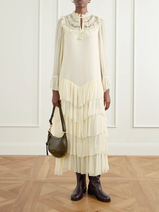 Image of Dresses. Product name - Margaret Ruffled Tiered Lace-trimmed Chiffon Maxi Dress in Cream colour by brand - Sea