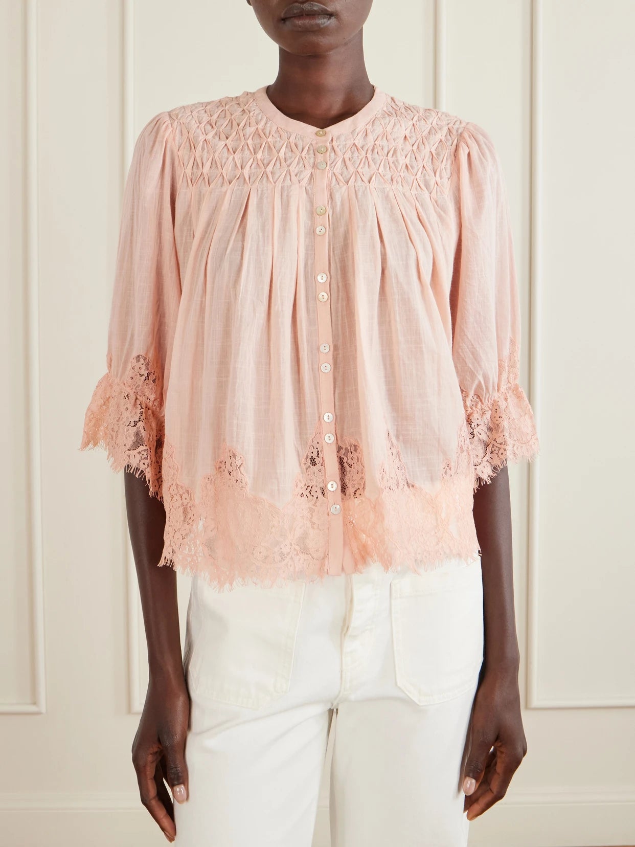 Erika Shirred Lace-trimmed Cotton-voile Blouse