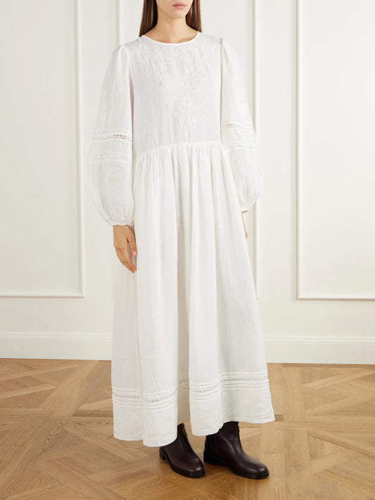 SKALL Velina Gathered Floral-embroidered Lace-trimmed Linen Midi Dress
