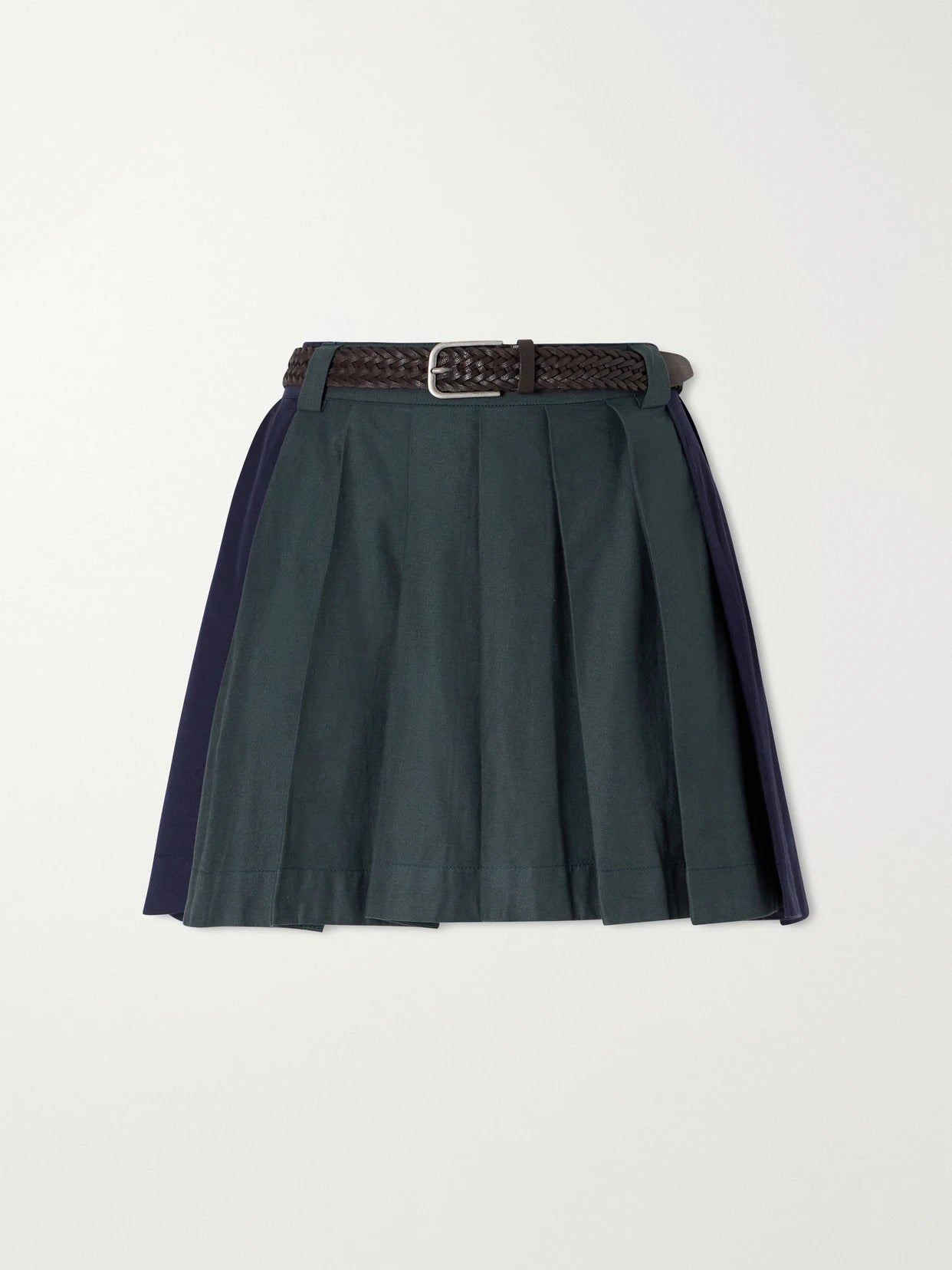 Odessa Belted Pleated Leather-trimmed Cotton-poplin Mini Skirt