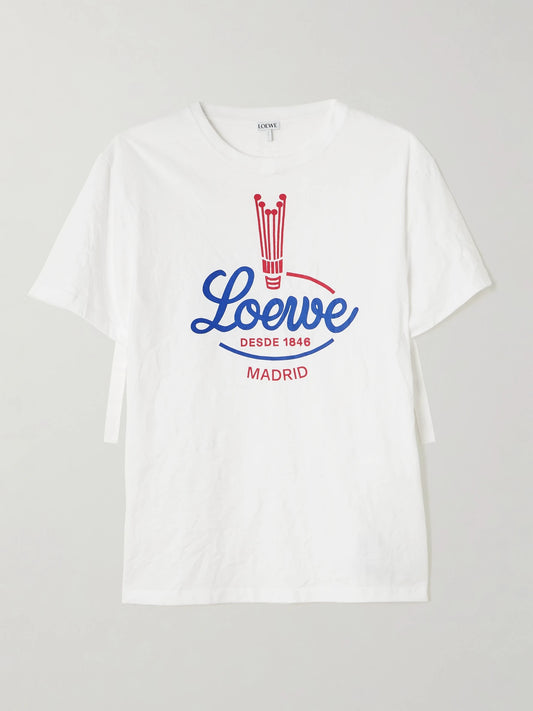 Image of a model wearing Tops. Product name - Printed Jersey T-shirt in White colour by brand - LOEWE