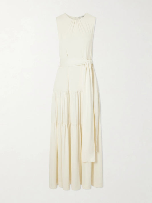 Image of Dresses. Product name - Liza Belted Tiered Gathered Jersey Maxi Dress in Ivory colour by brand - Altuzarra