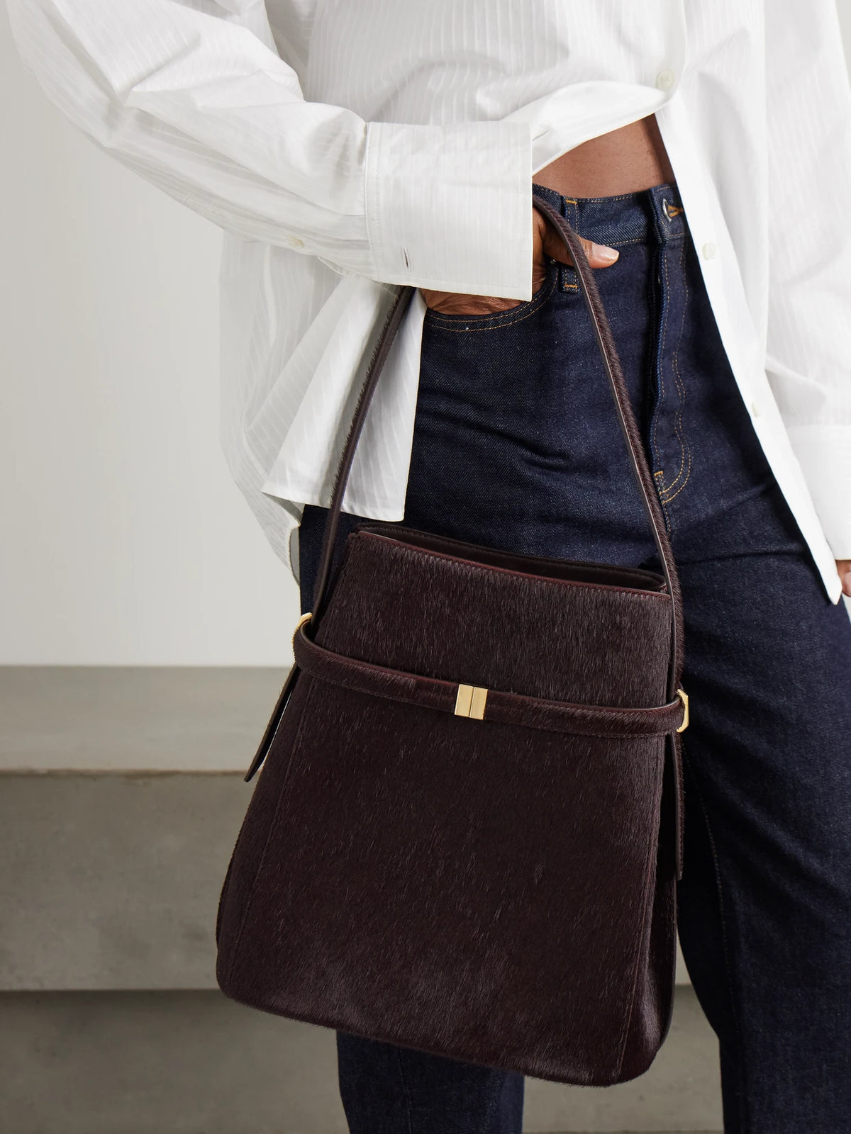 Image of Bags. Product name - Belted Pony Hair Tote in Burgundy colour by brand - TOTEME