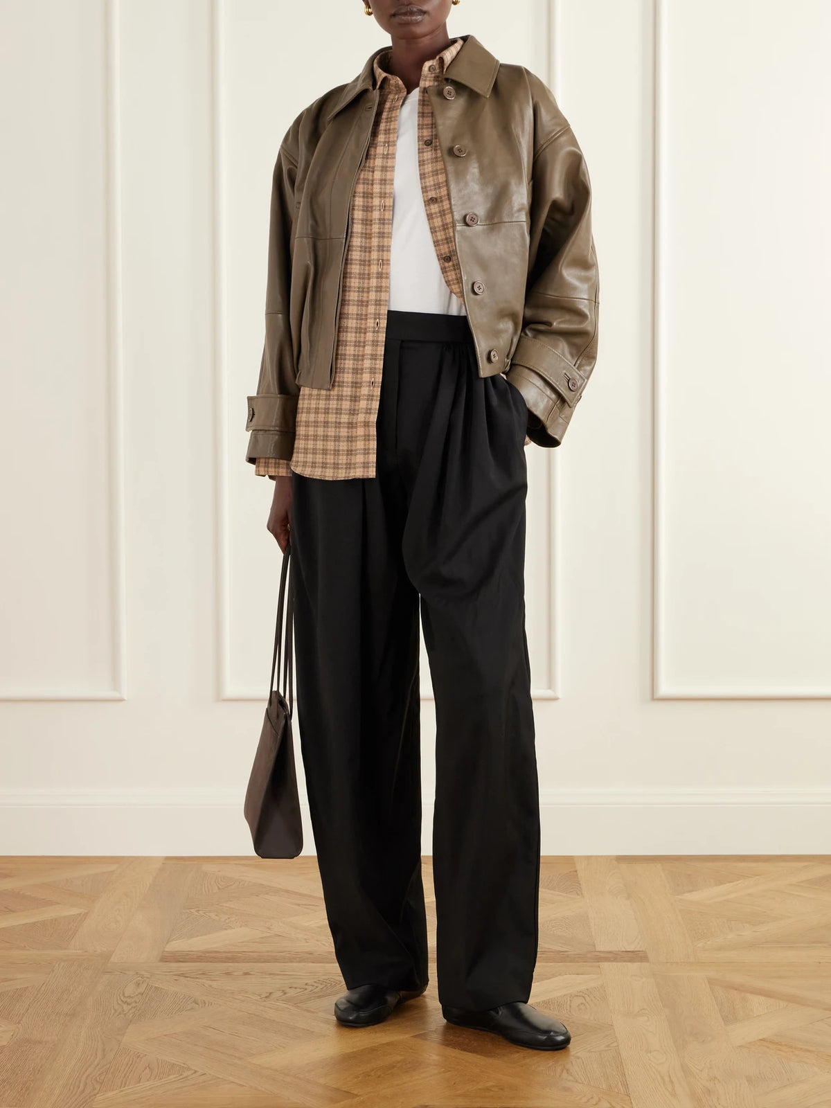 Image of Coats & Jackets. Product name - Gathered Leather Jacket in Brown colour by brand - RÓHE
