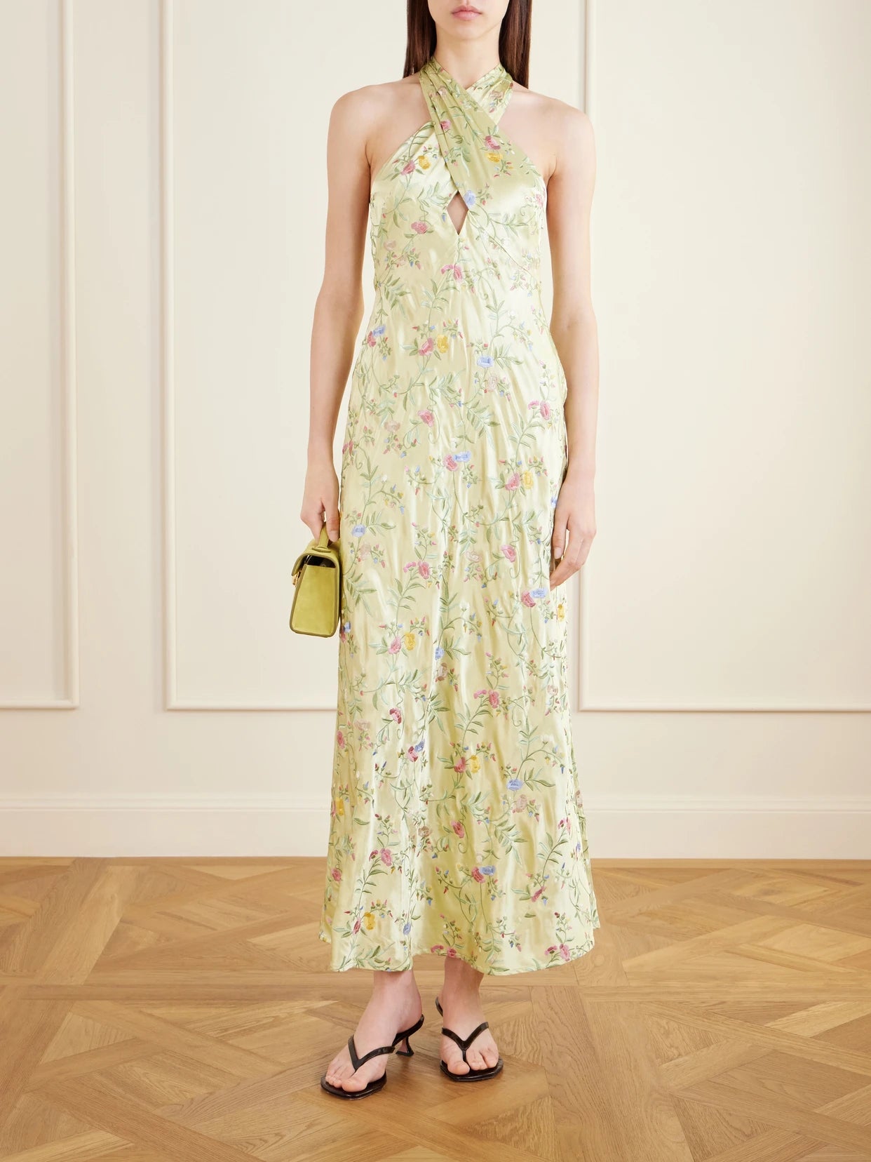 Image of Dresses. Product name - Dune Floral-embroidered Satin Maxi Dress in Green colour by brand - RIXO