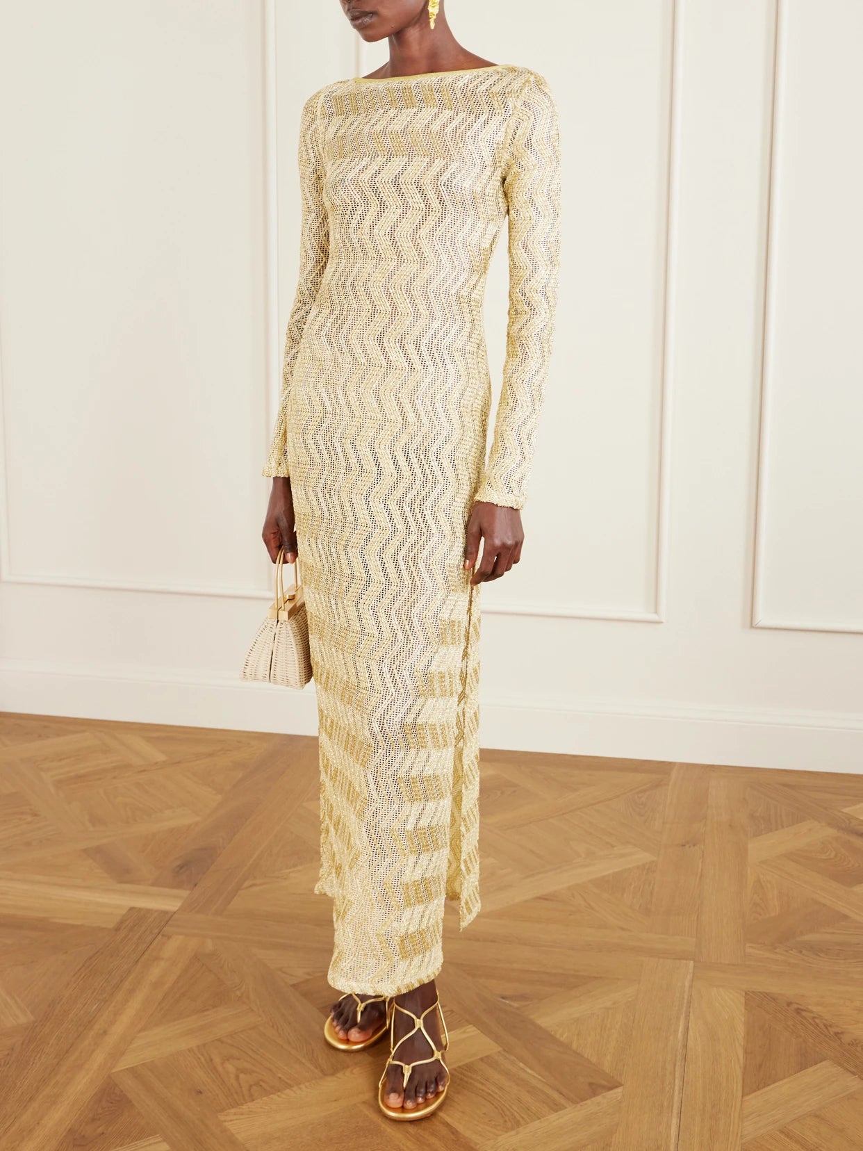 Image of Dresses. Product name - Mare Open-back Metallic Crochet-knit Maxi Dress in Gold colour by brand - Missoni