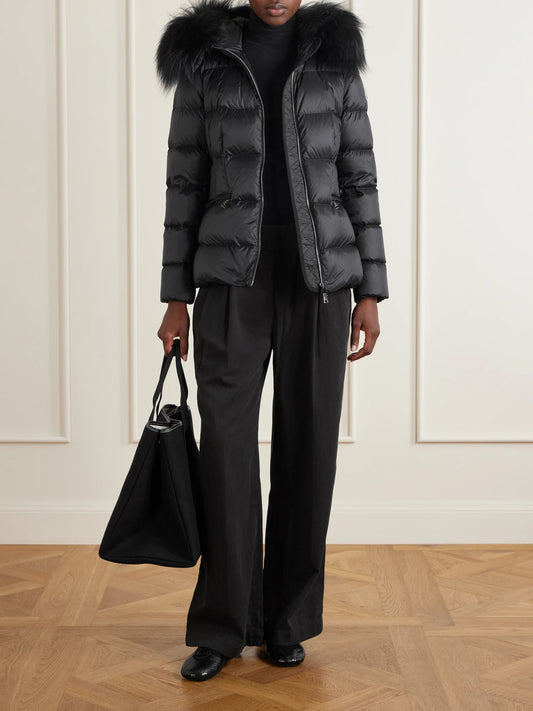 Image of Coats & Jackets. Product name - Boed Shearling-trimmed Hooded Quilted Shell Down Jacket in Black colour by brand - Moncler