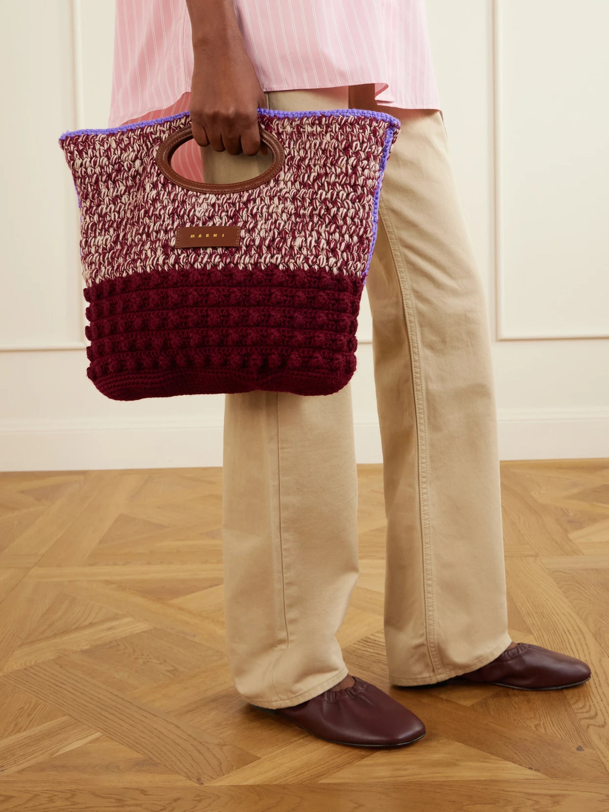 Image of Bags. Product name - Logo-appliquéd Leather-trimmed Knitted Wool Clutch in Pink colour by brand - Marni