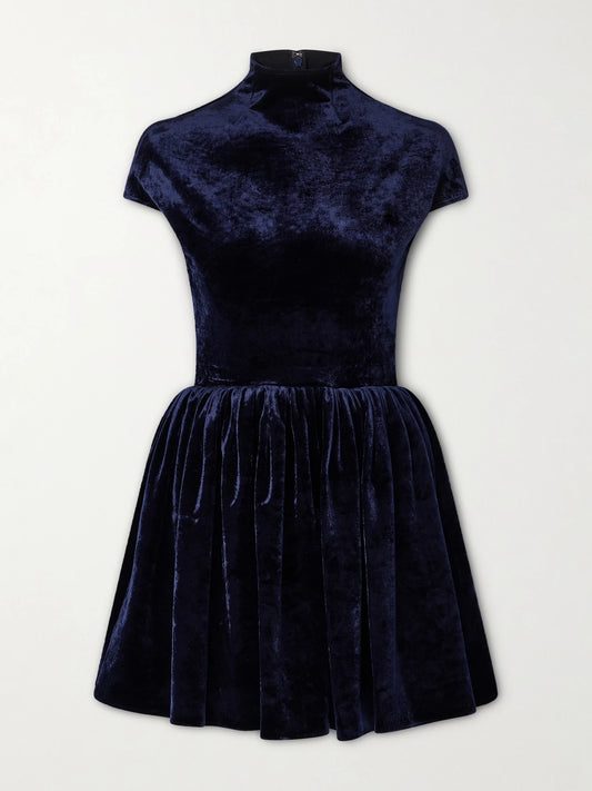 Image of Dresses. Product name - Pleated Velvet Turtleneck Mini Dress in Navy colour by brand - Alaïa