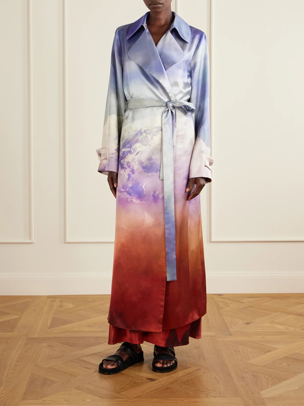 Image of Coats & Jackets. Product name - Lyra Printed Silk-satin Coat in Blue colour by brand - Gabriela Hearst