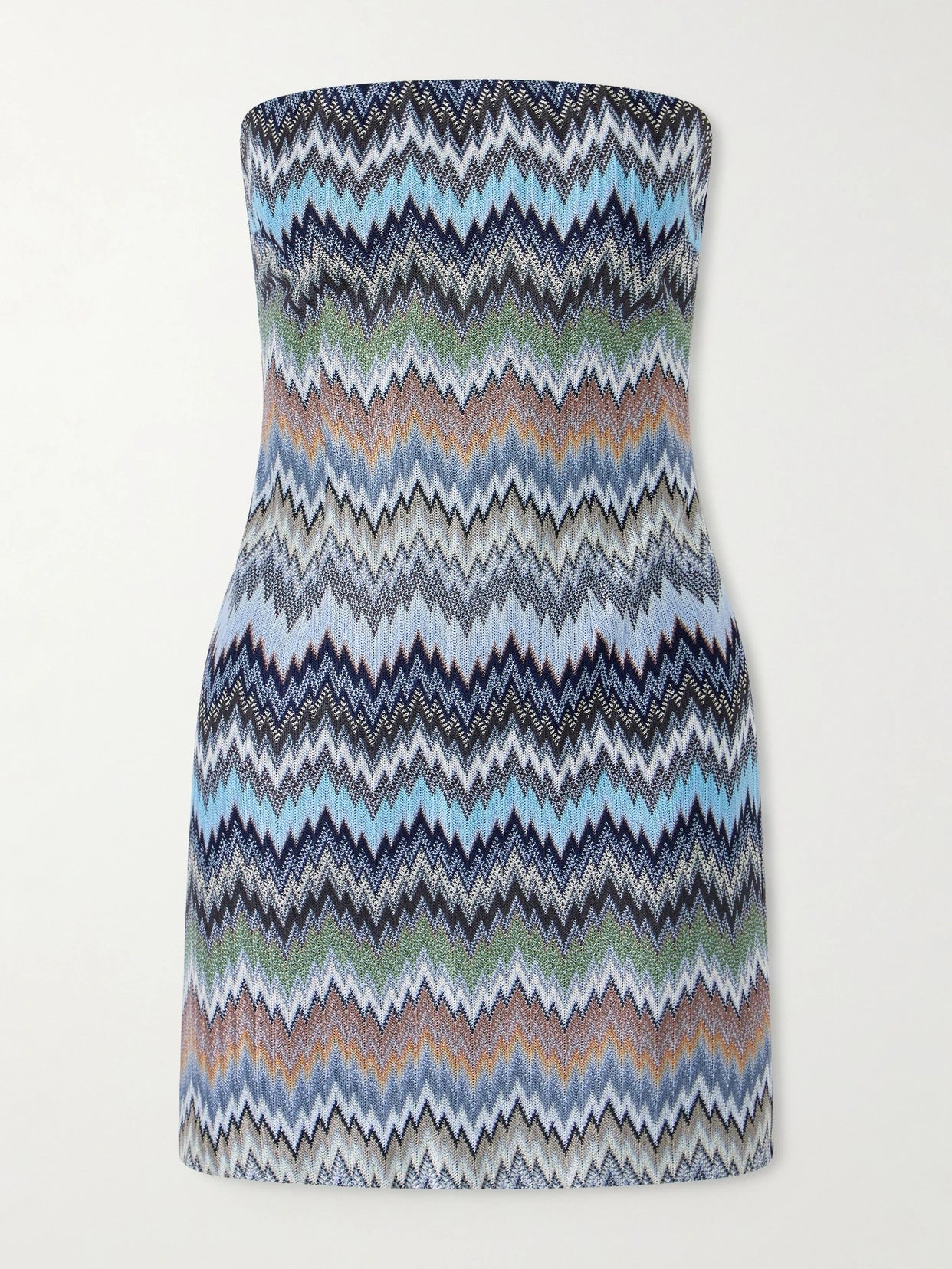 Image of Dresses. Product name - Strapless Striped Crochet-knit Mini Dress in Blue colour by brand - Missoni