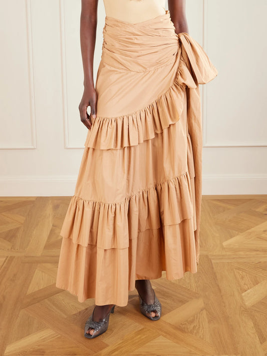Bow-detailed Ruffled Organic Cotton-poplin Midi Skirt
