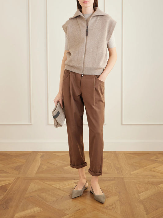 Image of a model wearing Outerwear. Product name - Cashmere-blend Zip-up Gilet in Brown colour by brand - Brunello Cucinelli