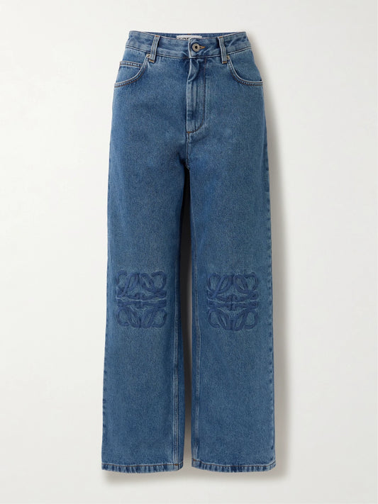 Image of Jeans. Product name - Anagram Embroidered High-rise Straight-leg Jeans in Mid denim colour by brand - LOEWE