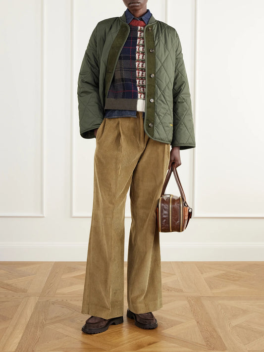 Image of a model wearing Outerwear. Product name - Ashford Patchwork Wool-blend Sweater in Multi colour by brand - Barbour