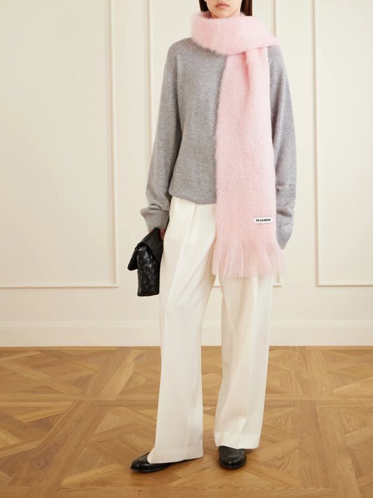 Image of Scarves & Shawls. Product name - Fringed Mohair And Wool-bend Scarf in Pastel pink colour by brand - Jil Sander