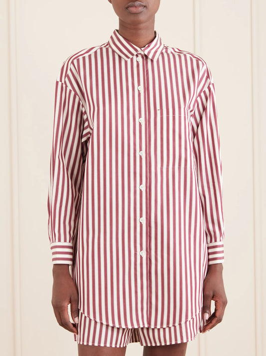 Image of Lingerie. Product name - Sir Striped Cotton-poplin Pajama Shirt in Burgundy colour by brand - Eres