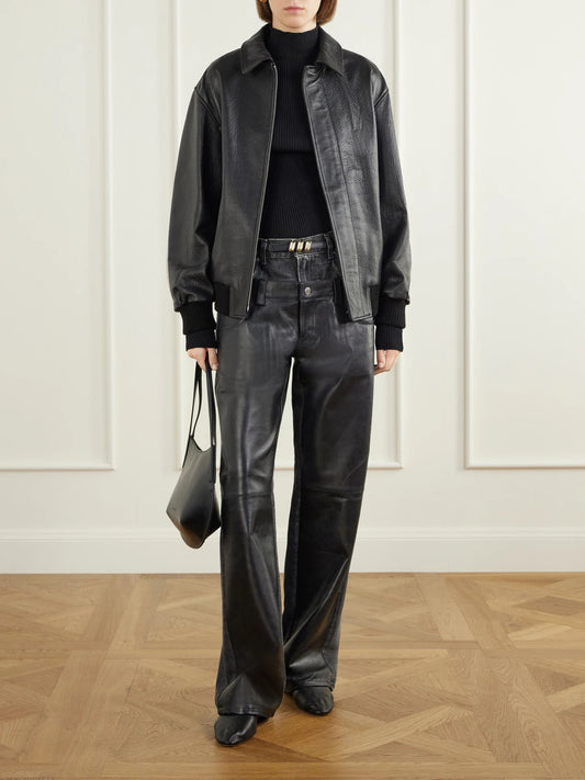 Image of Jeans. Product name - Bonnie Double Wb Hedwig Black Denim-trimmed Leather Mid-rise Wide-leg Jeans in Multi colour by brand - Haikure
