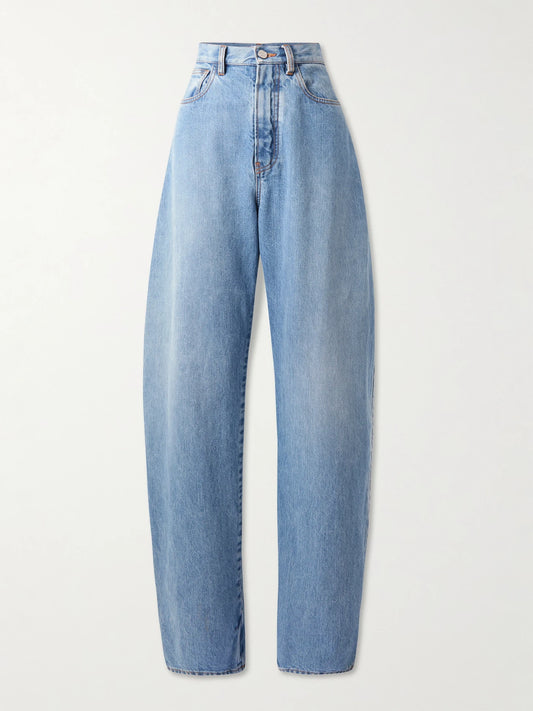 Image of Jeans. Product name - Round High-rise Barrel-leg Jeans in Light denim colour by brand - Alaïa