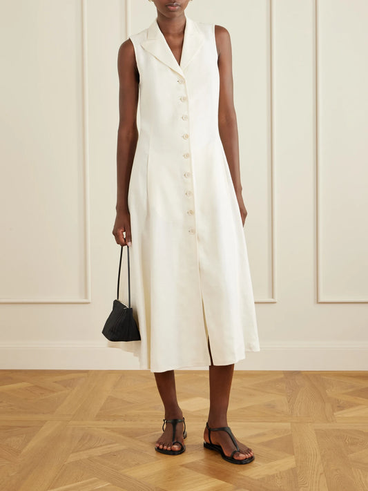 Image of Dresses. Product name - Kensley Canvas Silk And Linen-blend Midi Dress in Cream colour by brand - Ralph Lauren Collection