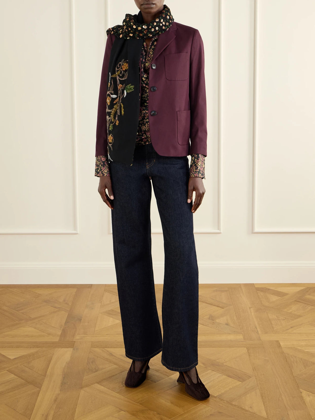 Image of Scarves & Shawls. Product name - Sequin-embellished Embroidered Crepe Scarf in Black colour by brand - Dries Van Noten