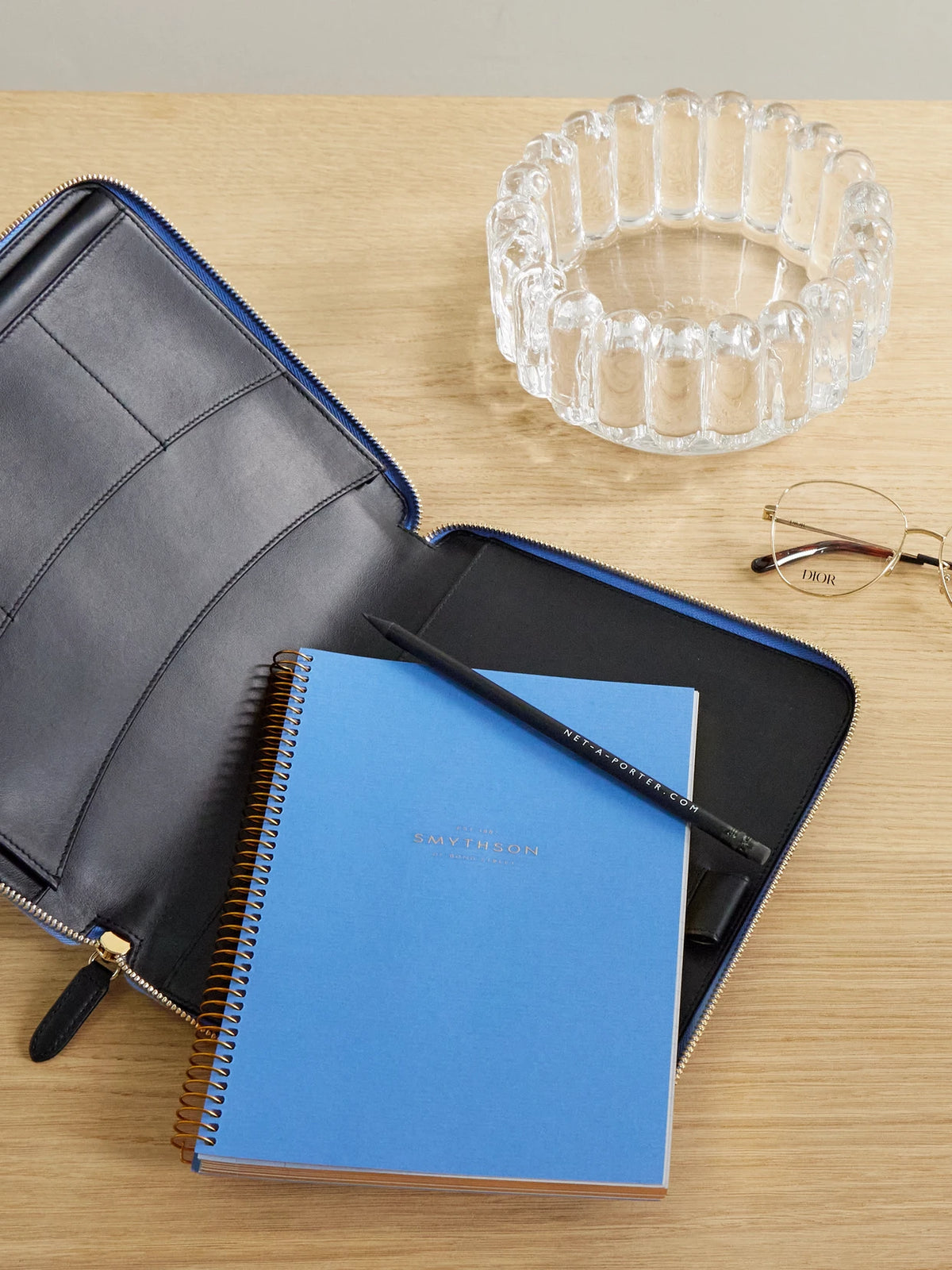 Image of Decor. Product name - Panama A5 Textured-leather Folder in Light blue colour by brand - Smythson