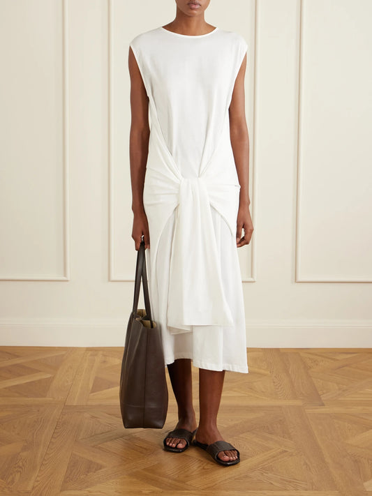 Image of Dresses. Product name - Tie-detailed Cotton Midi Dress in Off-white colour by brand - TOTEME