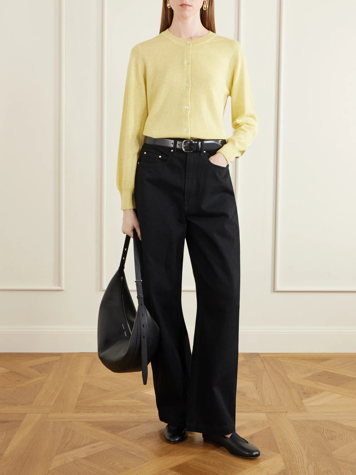 Image of a model wearing Outerwear. Product name - Enya Cashmere And Cotton-blend Cardigan in Pastel yellow colour by brand - &Daughter