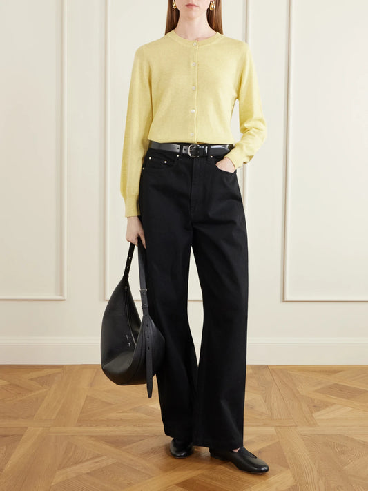 Image of a model wearing Outerwear. Product name - Enya Cashmere And Cotton-blend Cardigan in Pastel yellow colour by brand - &Daughter