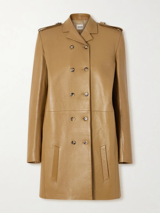 Image of Coats & Jackets. Product name - Sadra Double-breasted Leather Coat in Beige colour by brand - KHAITE