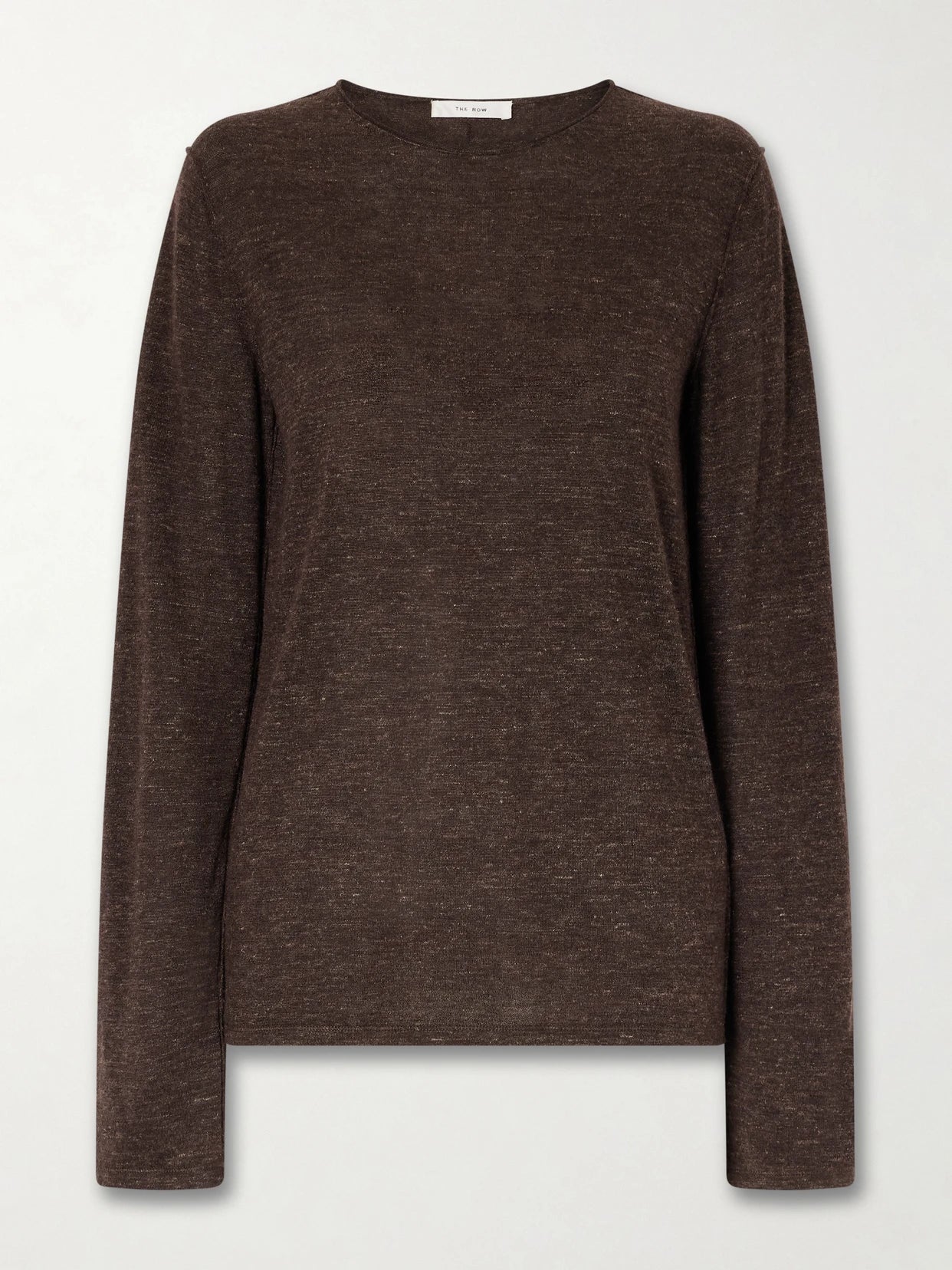 Image of a model wearing Outerwear. Product name - Nile Cashmere, Silk And Linen Blend Sweater in Dark brown colour by brand - The Row