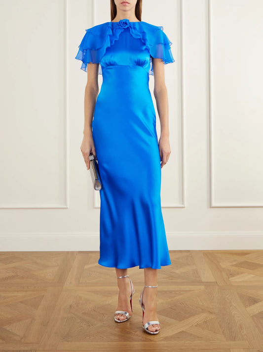 Image of Dresses. Product name - Ruffled Cape-effect Floral-appliquéd Silk-satin Midi Dress in Blue colour by brand - Rodarte