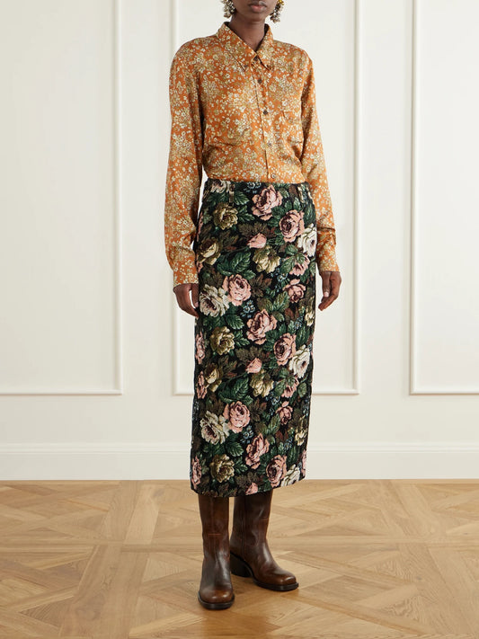 Image of a model wearing Skirts. Product name - Floral-jacquard Midi Skirt in Black colour by brand - Dries Van Noten