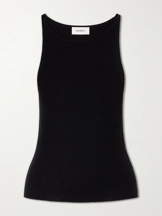 Image of a model wearing Tops. Product name - Lynette Ribbed-knit Cashmere Tank in Black colour by brand - LISA YANG
