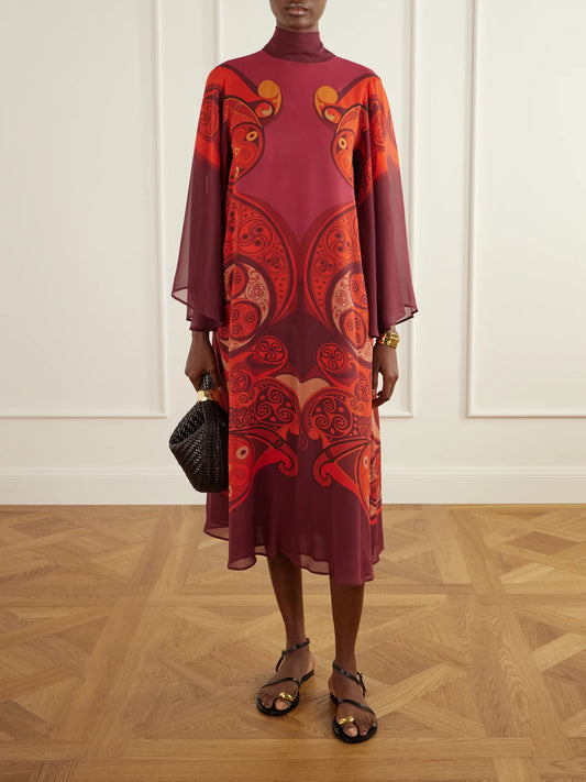 Image of Dresses. Product name - Printed Silk-georgette Midi Dress in Magenta colour by brand - La DoubleJ