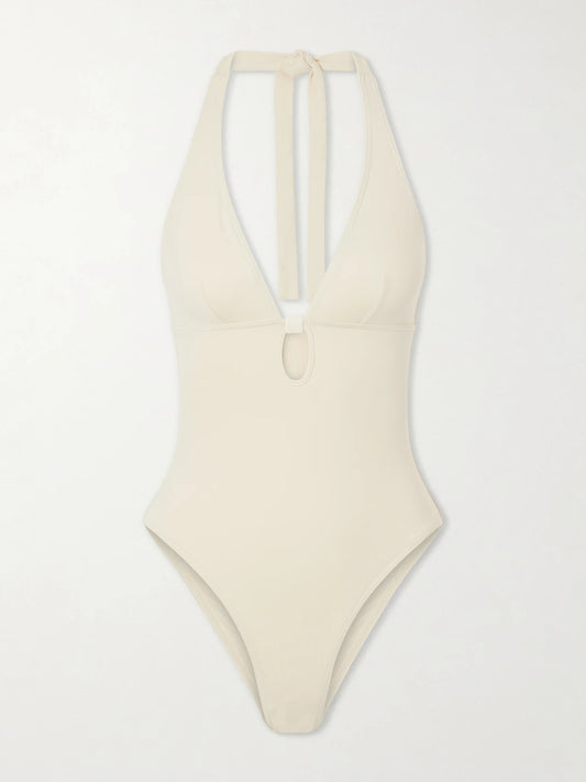 Image of Swimwear. Product name - Harmony Embellished Cut-out Stretch-jersey Swimsuit in Cream colour by brand - Eres
