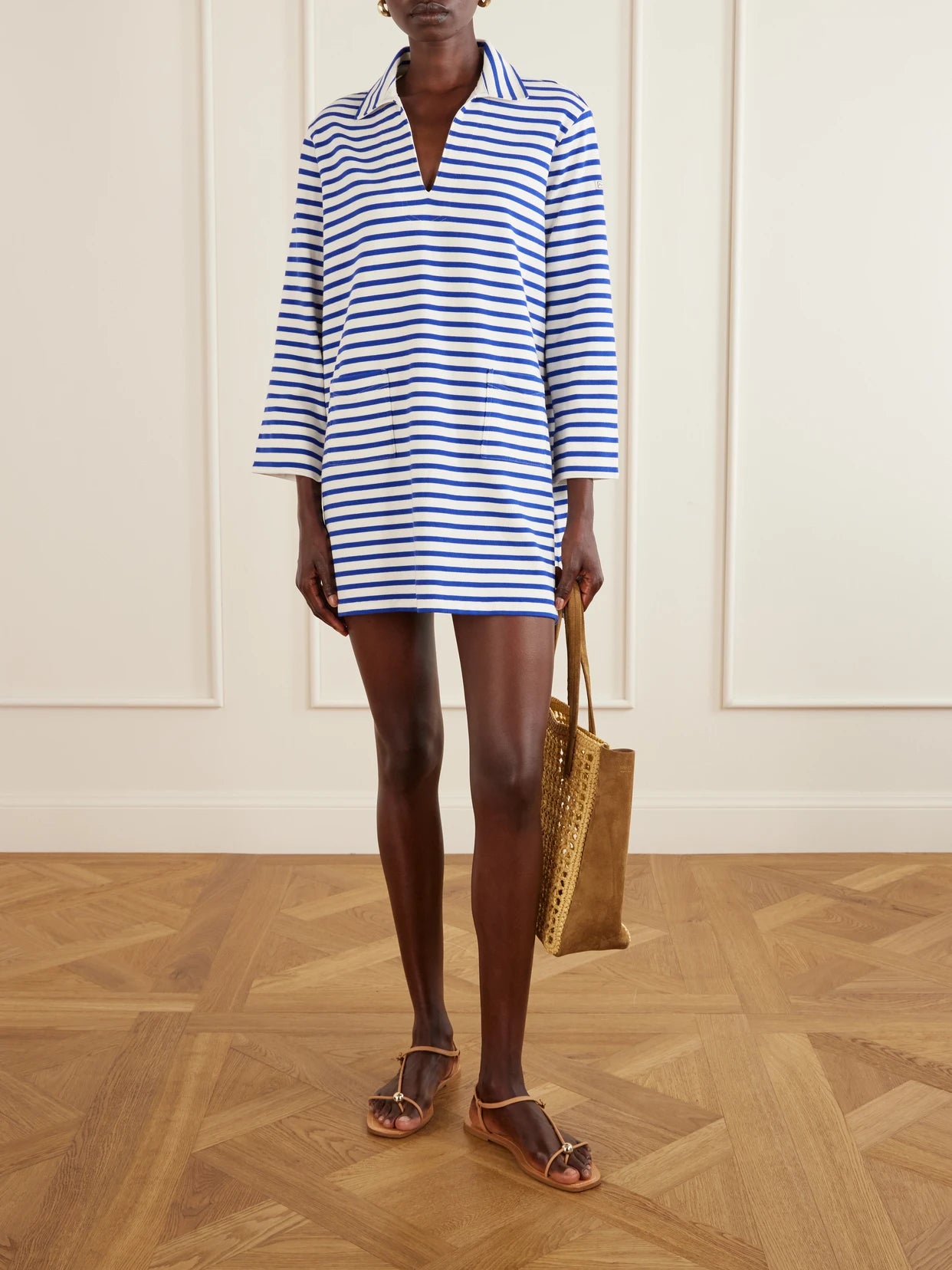 Image of Dresses. Product name - Striped Cotton-jersey Mini Dress in Blue colour by brand - Polo Ralph Lauren