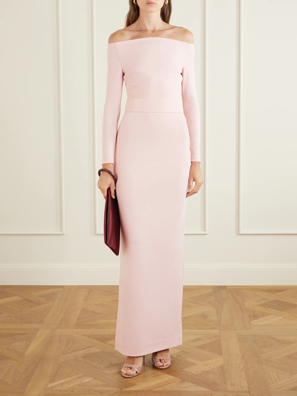 Image of Dresses. Product name - Sabina Off-the-shoulder Stretch-crepe Maxi Dress in Pink colour by brand - Solace London