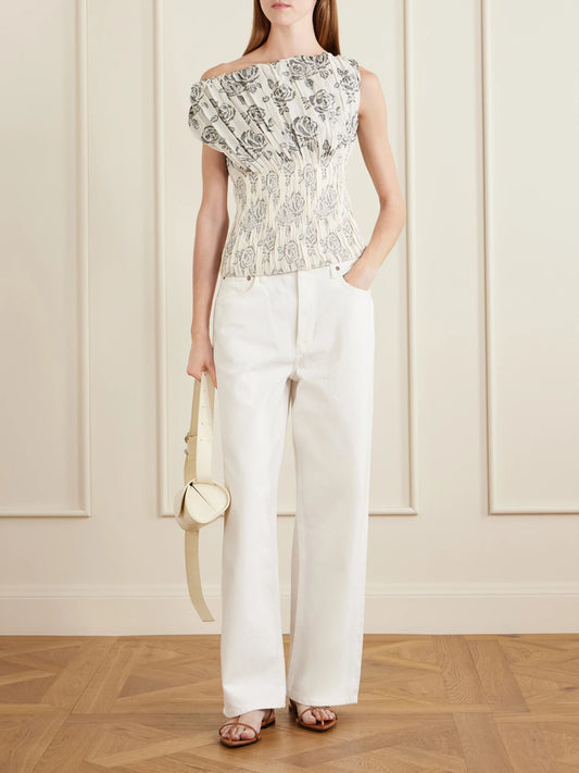 Image of a model wearing Tops. Product name - Romy Floral-brocade Top in Cream colour by brand - KALLMEYER