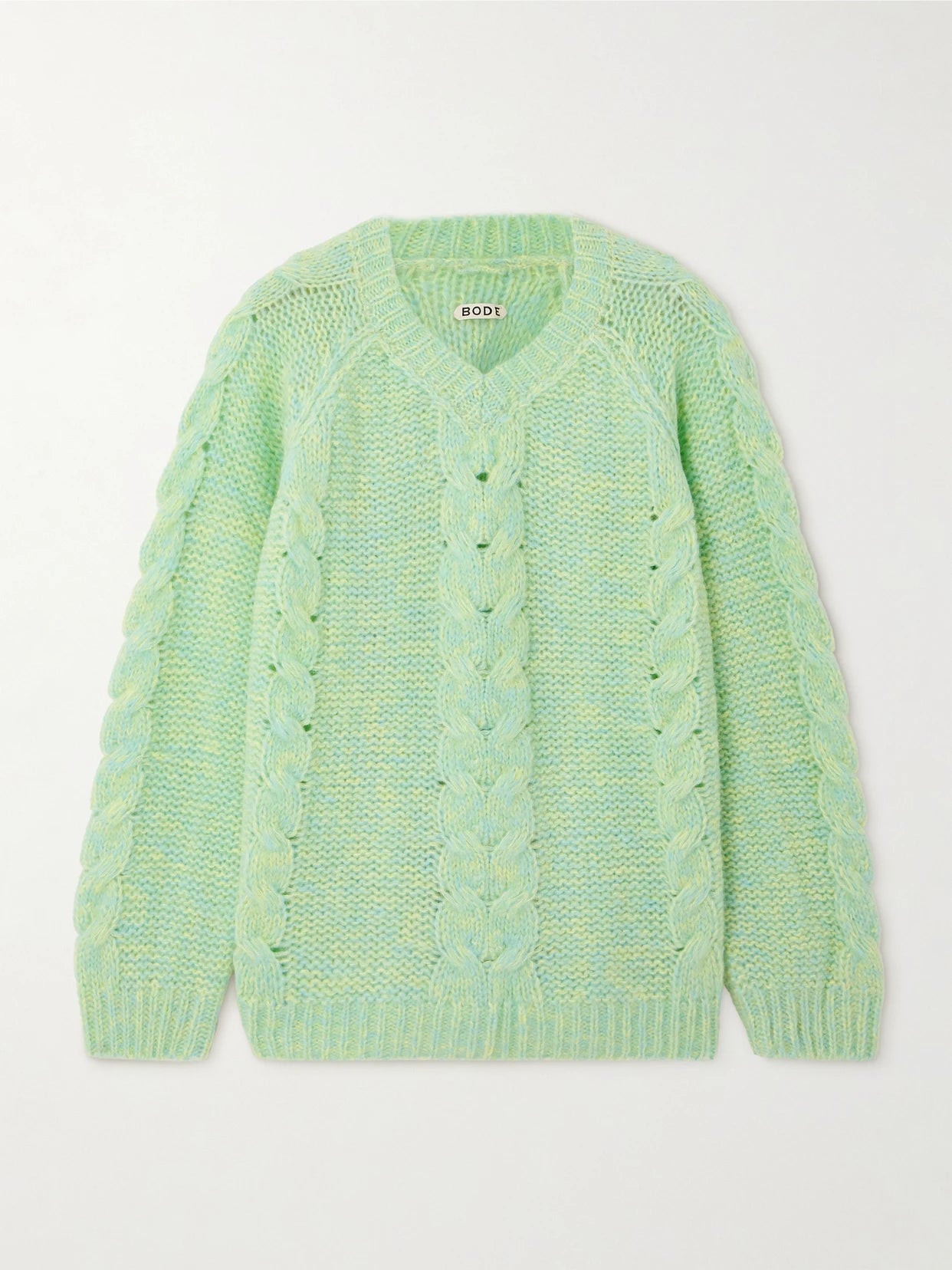Image of a model wearing Outerwear. Product name - Eiderdown Cable-knit Alpaca, Mohair And Silk-blend Sweater in Light green colour by brand - BODE