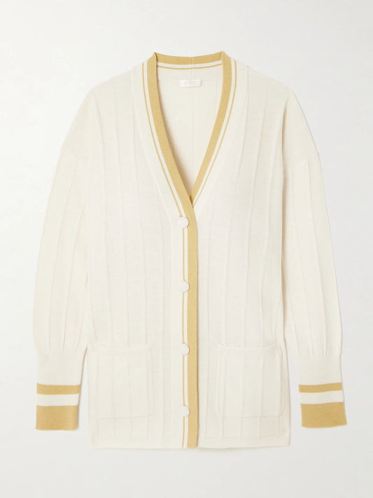Image of a model wearing Outerwear. Product name - Clubhouse Striped Ribbed Wool And Cashmere-blend Cardigan in Cream colour by brand - Eres